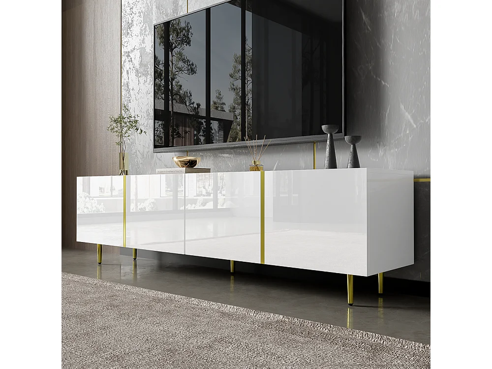 Meuble TV brillante avec 4 portes moderne et sobre et or Blanc