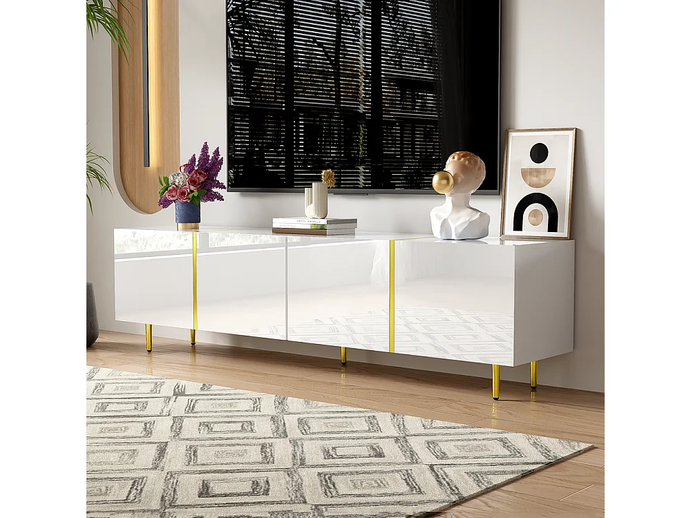 Meuble TV brillante avec 4 portes moderne et sobre et or Blanc