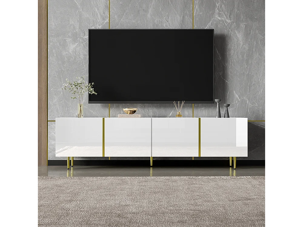 Meuble TV brillante avec 4 portes moderne et sobre et or Blanc