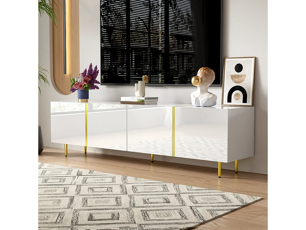 Meuble TV brillante avec 4 portes moderne et sobre et or Blanc
