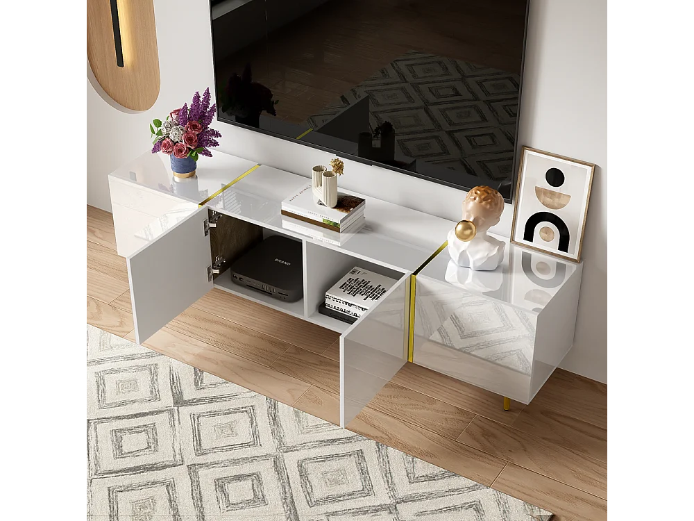 Meuble TV brillante avec 4 portes moderne et sobre et or Blanc