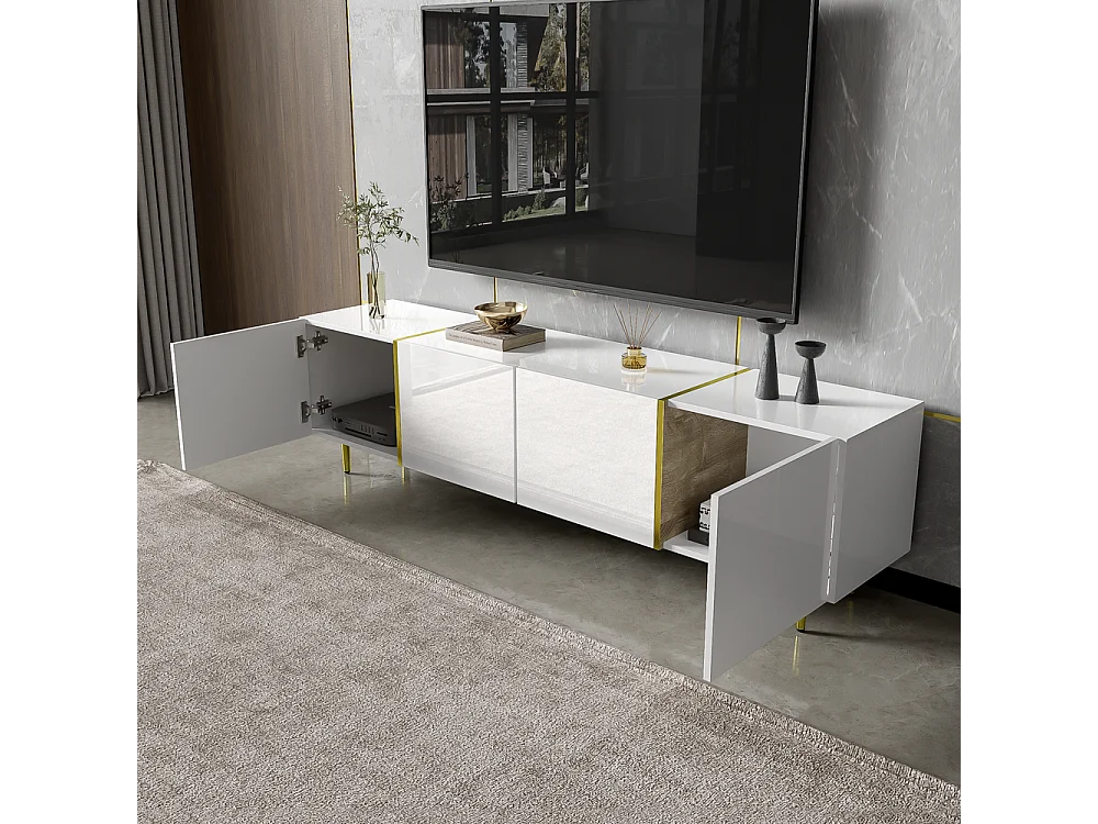 Meuble TV brillante avec 4 portes moderne et sobre et or Blanc
