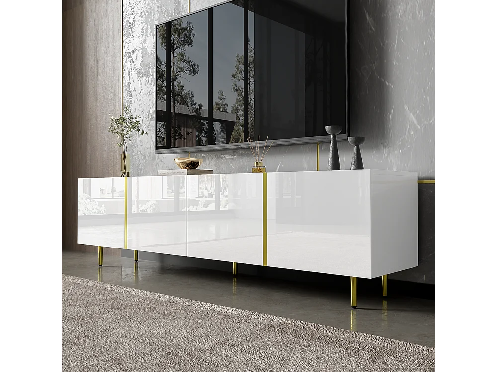 Meuble TV brillante avec 4 portes moderne et sobre et or Blanc