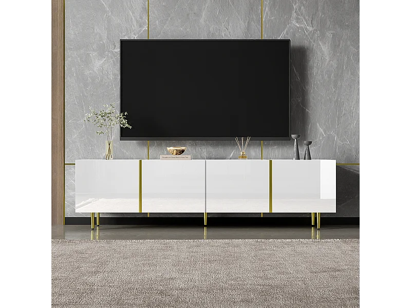 Meuble TV brillante avec 4 portes moderne et sobre et or Blanc