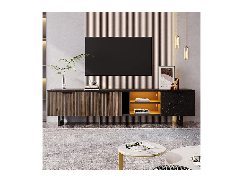 Meuble TV marbre portes bois sombre LED réglable deux portes deux tiroirs Noir