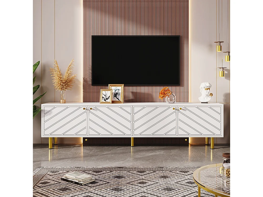 Meuble TV poignées pieds métal doré quatre portes styles d'intérieur Blanc