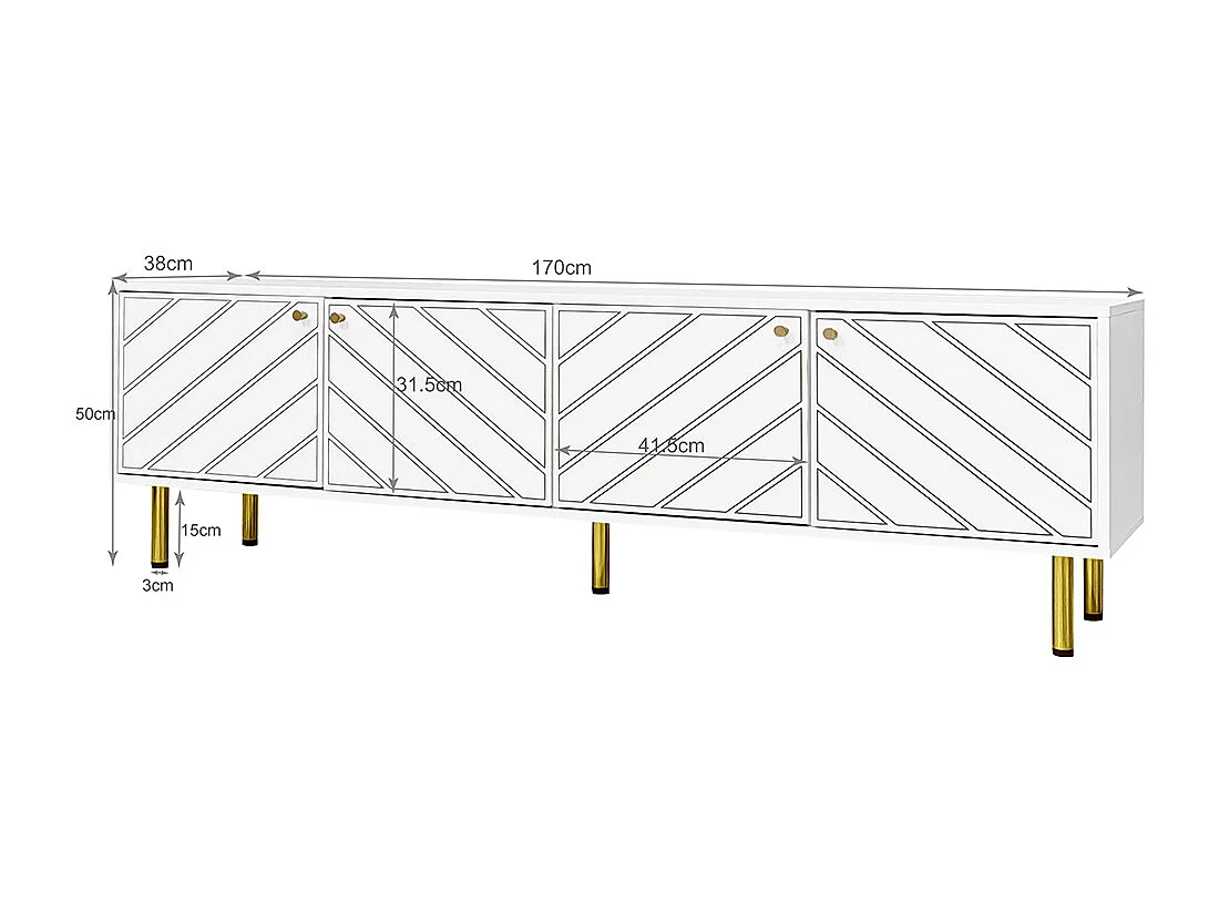 Meuble TV poignées pieds métal doré quatre portes styles d'intérieur Blanc