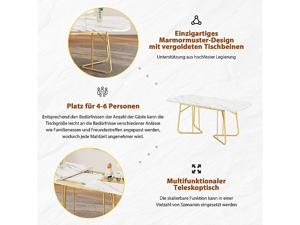 Table de salle à manger convient pour 4-6 personnes avec structure en marbre pieds de table en métal doré marbre