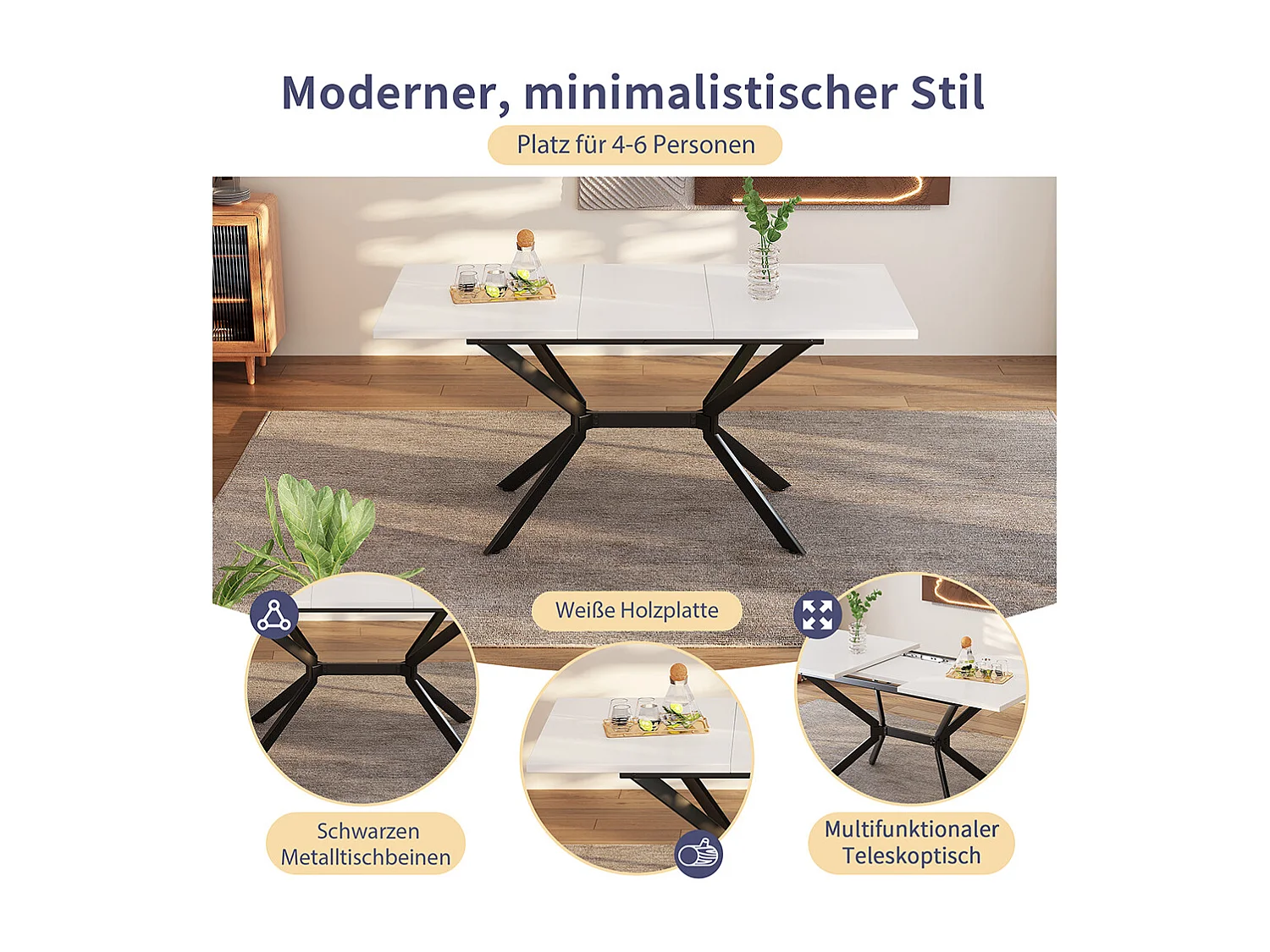 Table de salle à manger à rallonge  pieds en métal noir table rectangulaire blanche pour quatre à six personnes Blanc