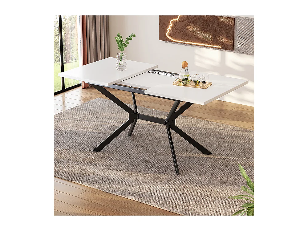 Table de salle à manger à rallonge  pieds en métal noir table rectangulaire blanche pour quatre à six personnes Blanc