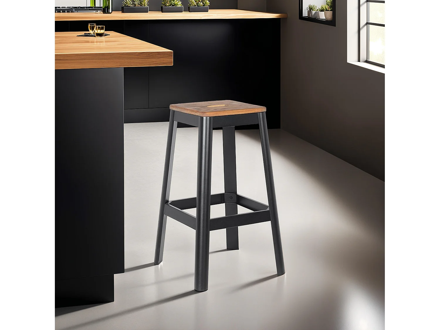 Tabouret de Bar en Bois "Hubert" 75cm Noir