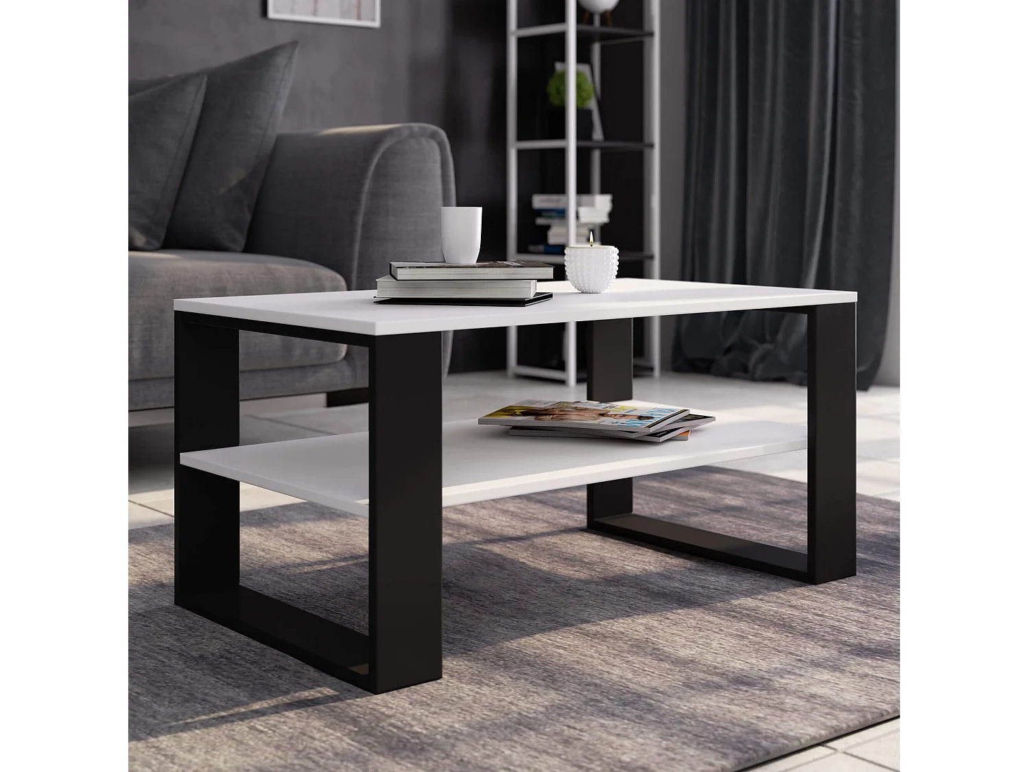 Salontafel Koffietafel ALEX / Wit - Zwart / 92x45x53 cm