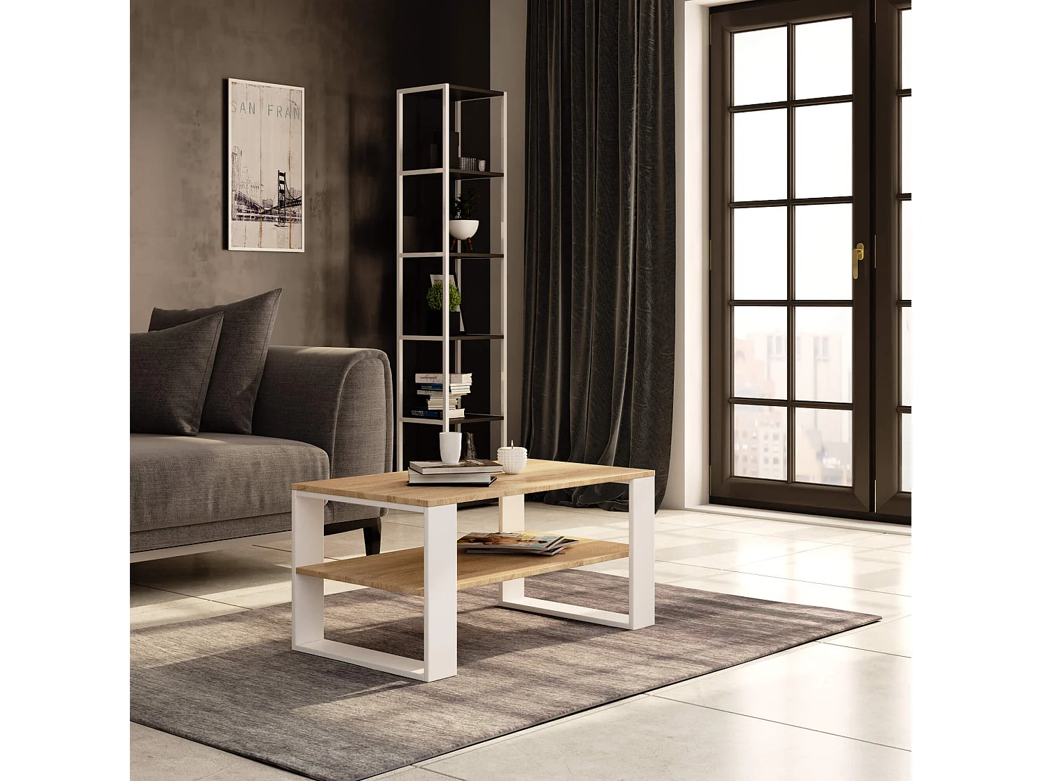 Salontafel ALEX Eiken Sonoma/Wit, Moderne Design, 92x45x53 cm, Zelfmontage, Hoogwaardige Laminat Plaat