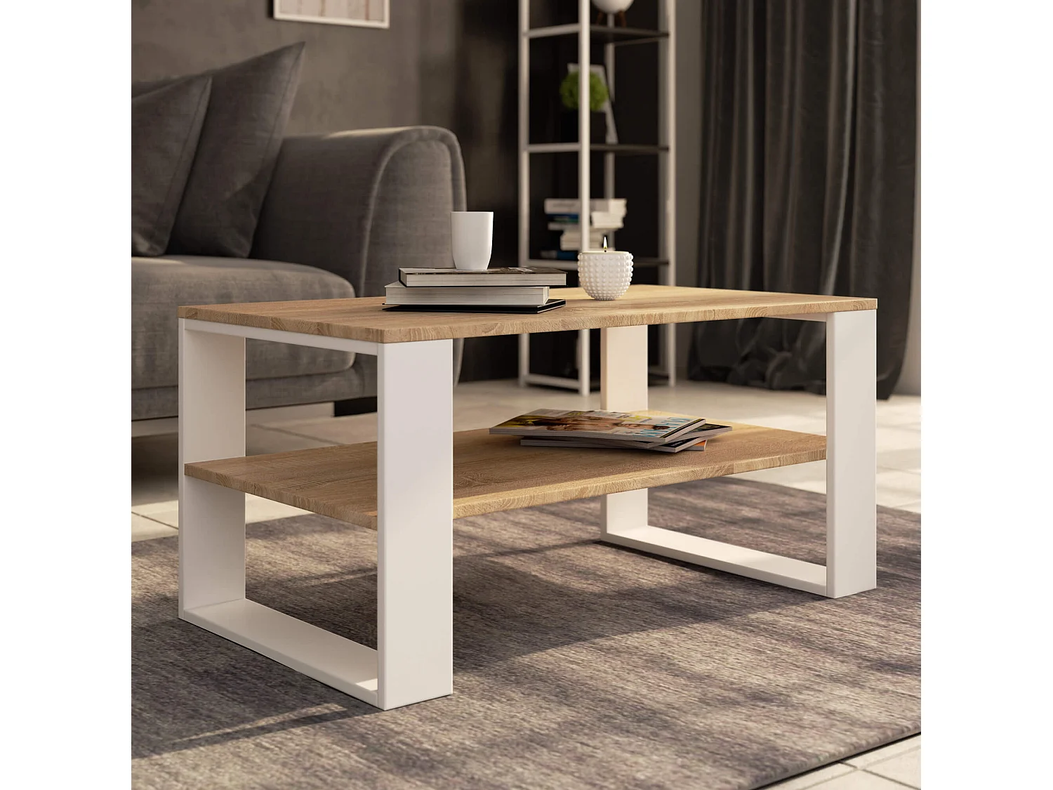 Salontafel ALEX Eiken Sonoma/Wit, Moderne Design, 92x45x53 cm, Zelfmontage, Hoogwaardige Laminat Plaat