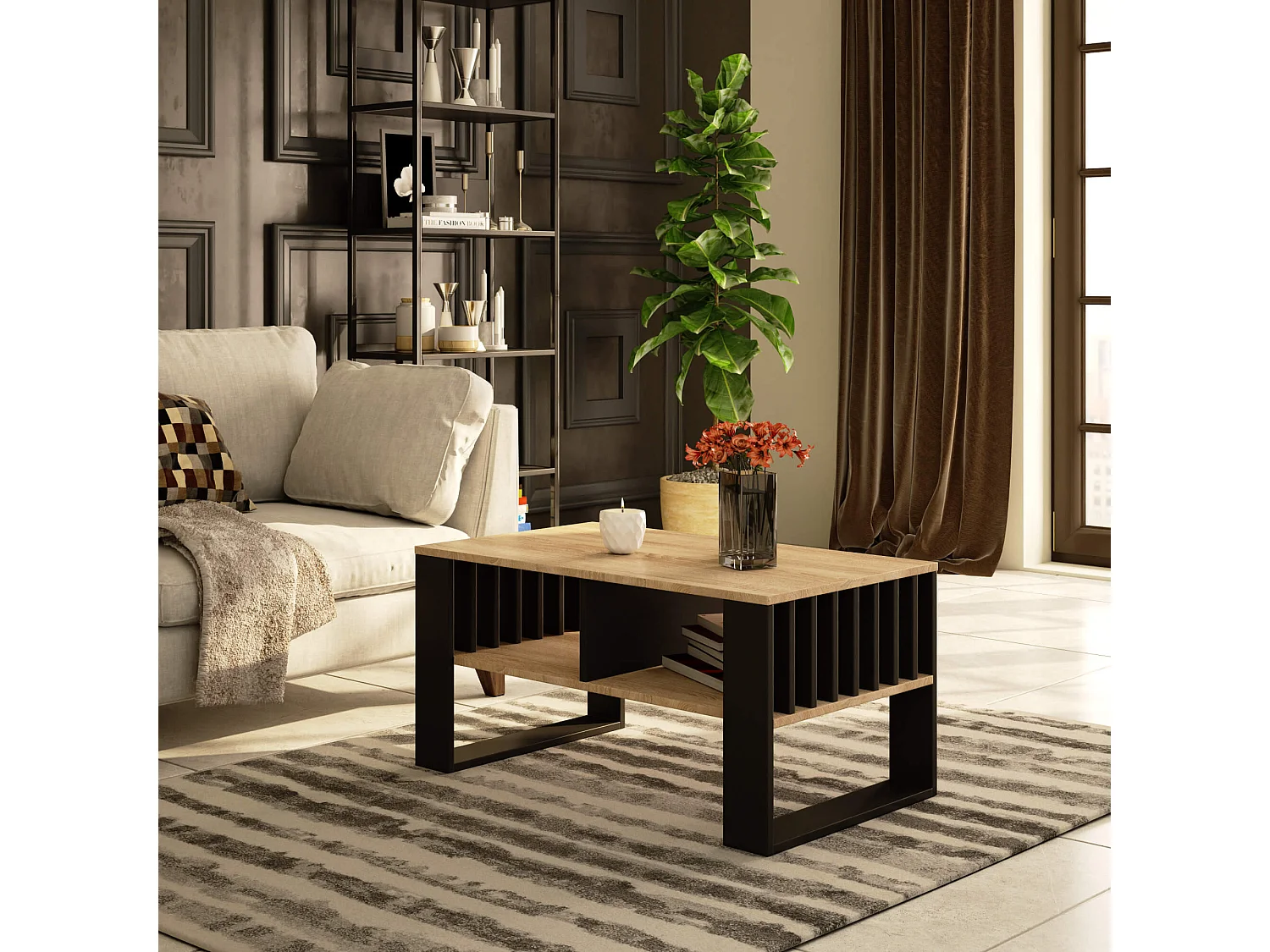 Mesa de centro ROCKFORD Roble Sonoma 92 cm con patas en color Negro 92x53x45 cm
