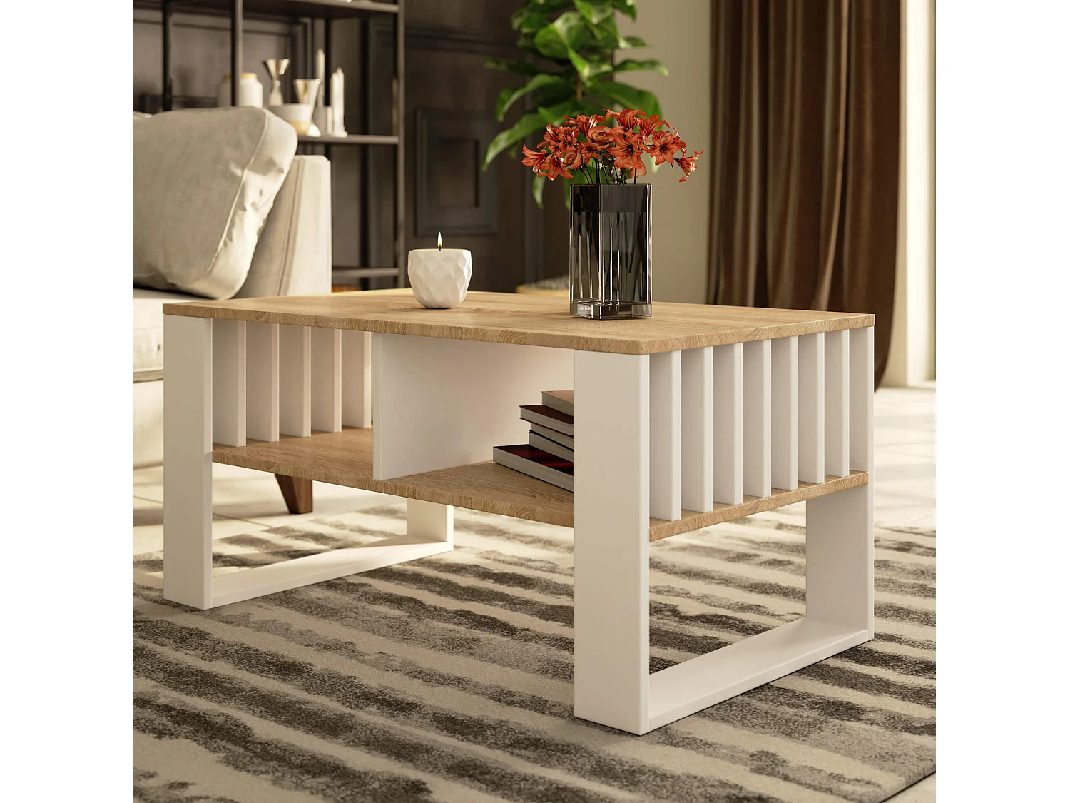 Table basse AKORD ROCKFORD Chêne Sonoma 92 cm pieds Blancs 92x53x45 cm