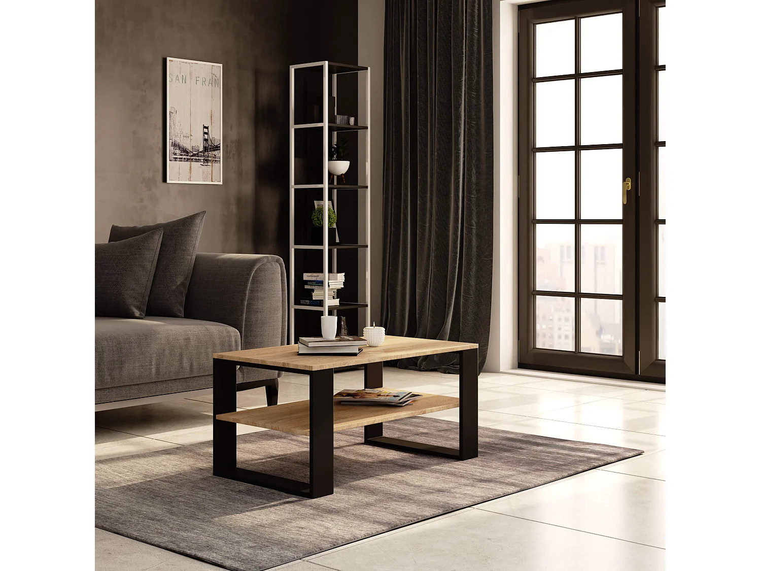 Table basse AKORD ALEX Chêne Sonoma 92 cm pieds Noirs 92x53x45 cm