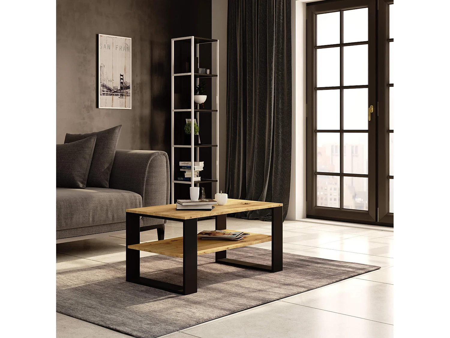 Salontafel Koffietafel ALEX / Artisan Eik - Zwart / 92x45x53 cm