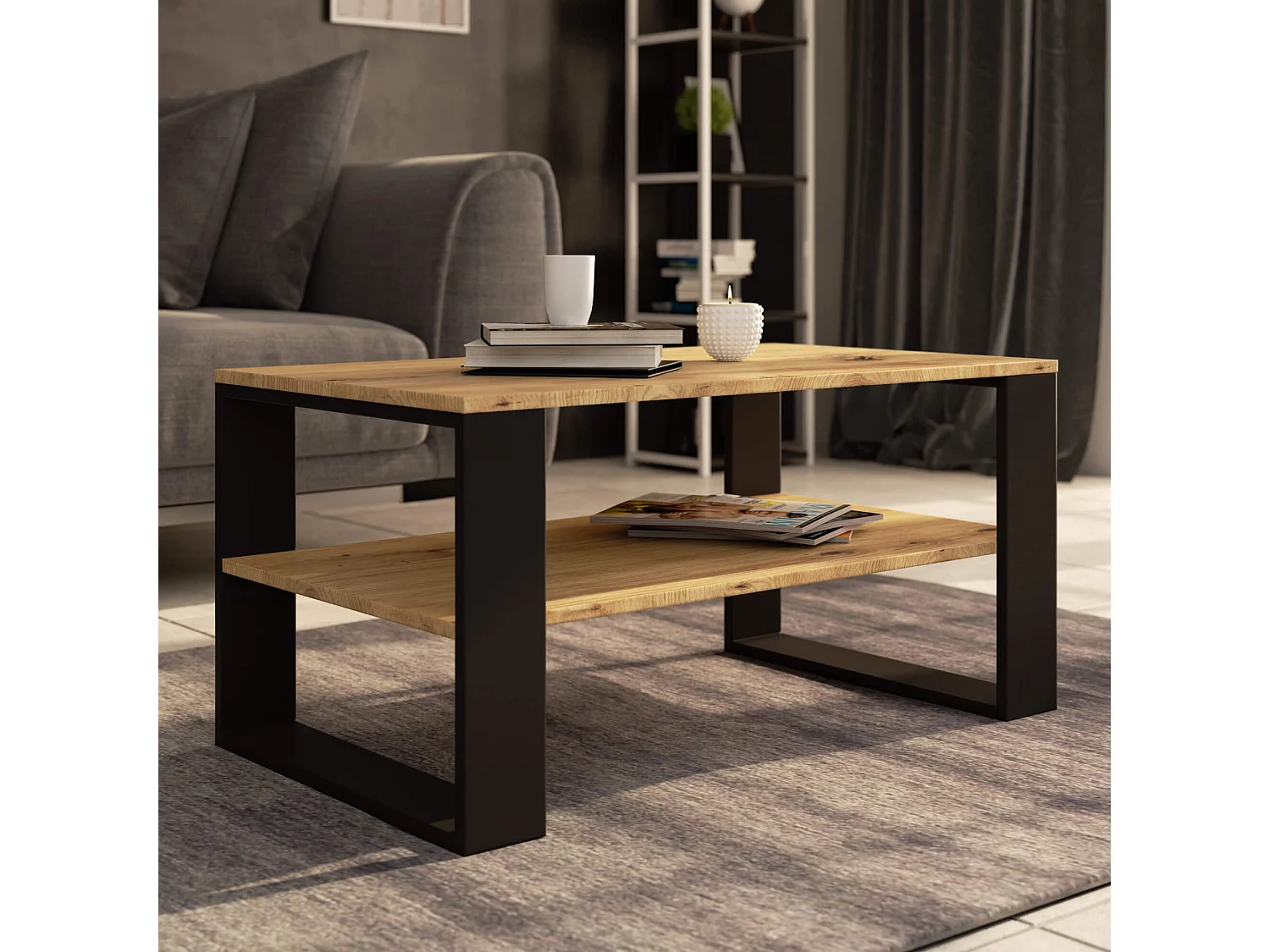 Table basse AKORD ALEX Chêne Artisan 92 cm pieds Noirs 92x53x45 cm