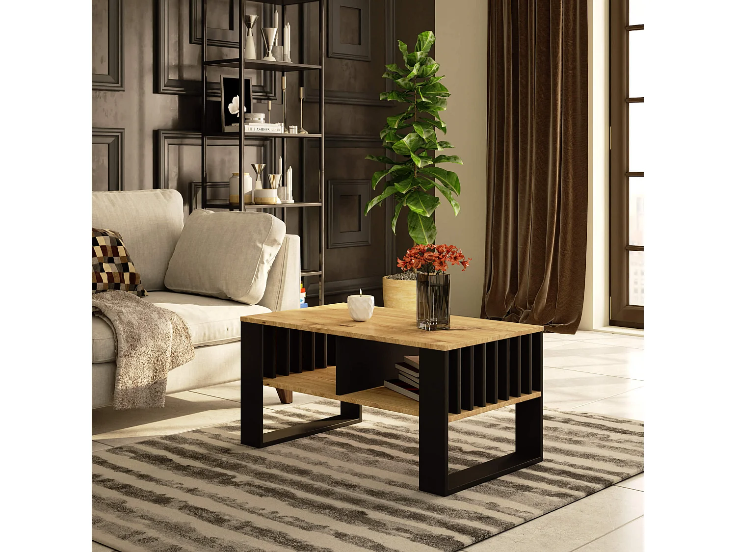 Mesa de centro ROCKFORD Roble Artisan 92 cm con patas en color Negro 92x53x45 cm