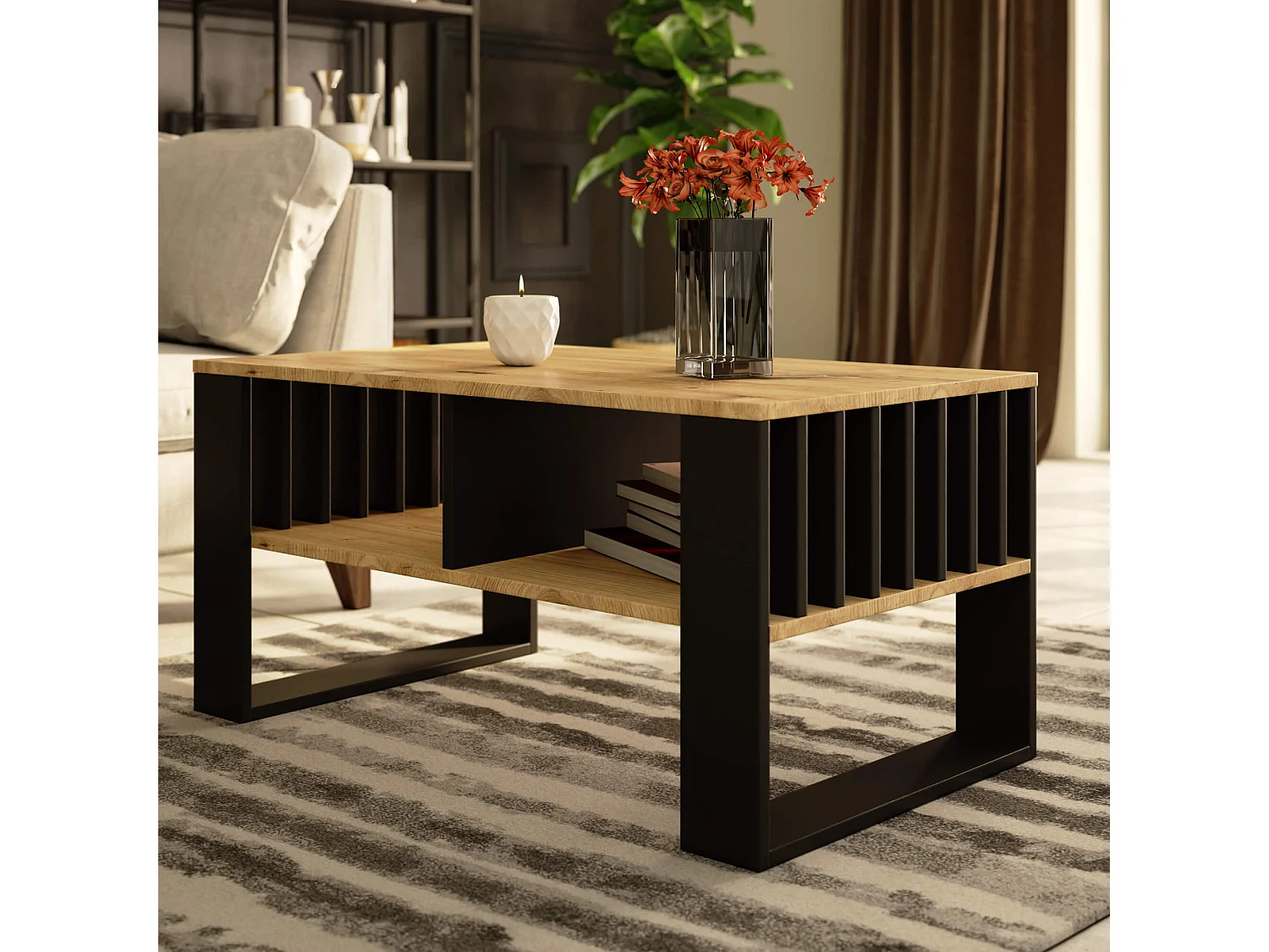 Mesa de centro ROCKFORD Roble Artisan 92 cm con patas en color Negro 92x53x45 cm