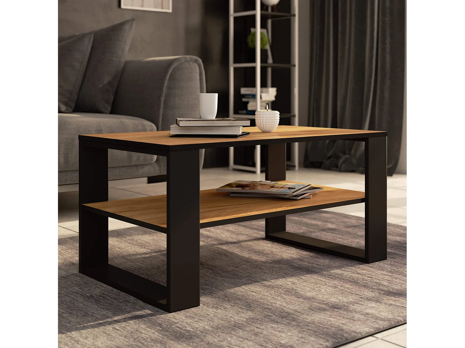 Salontafel ALEX Eiken Craft/Zwart - Staand, 92x45x53cm, Zelfmontage, Laminaten Afwerking