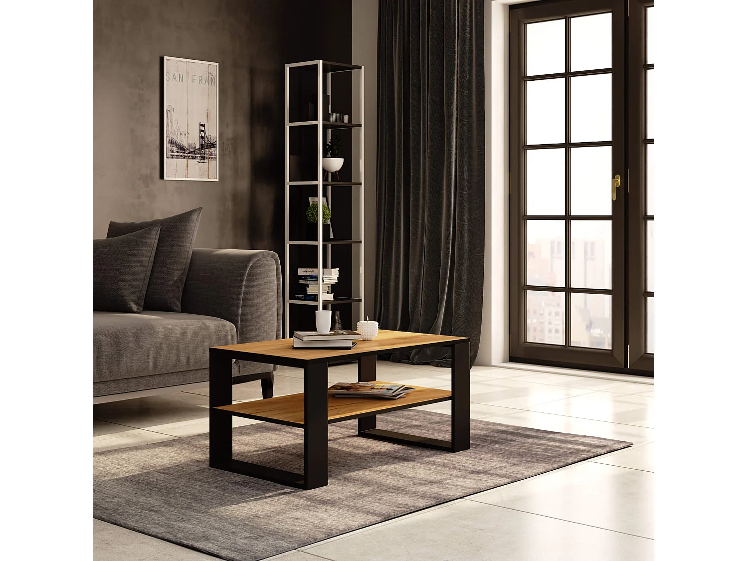 Salontafel ALEX Eiken Craft/Zwart - Staand, 92x45x53cm, Zelfmontage, Laminaten Afwerking