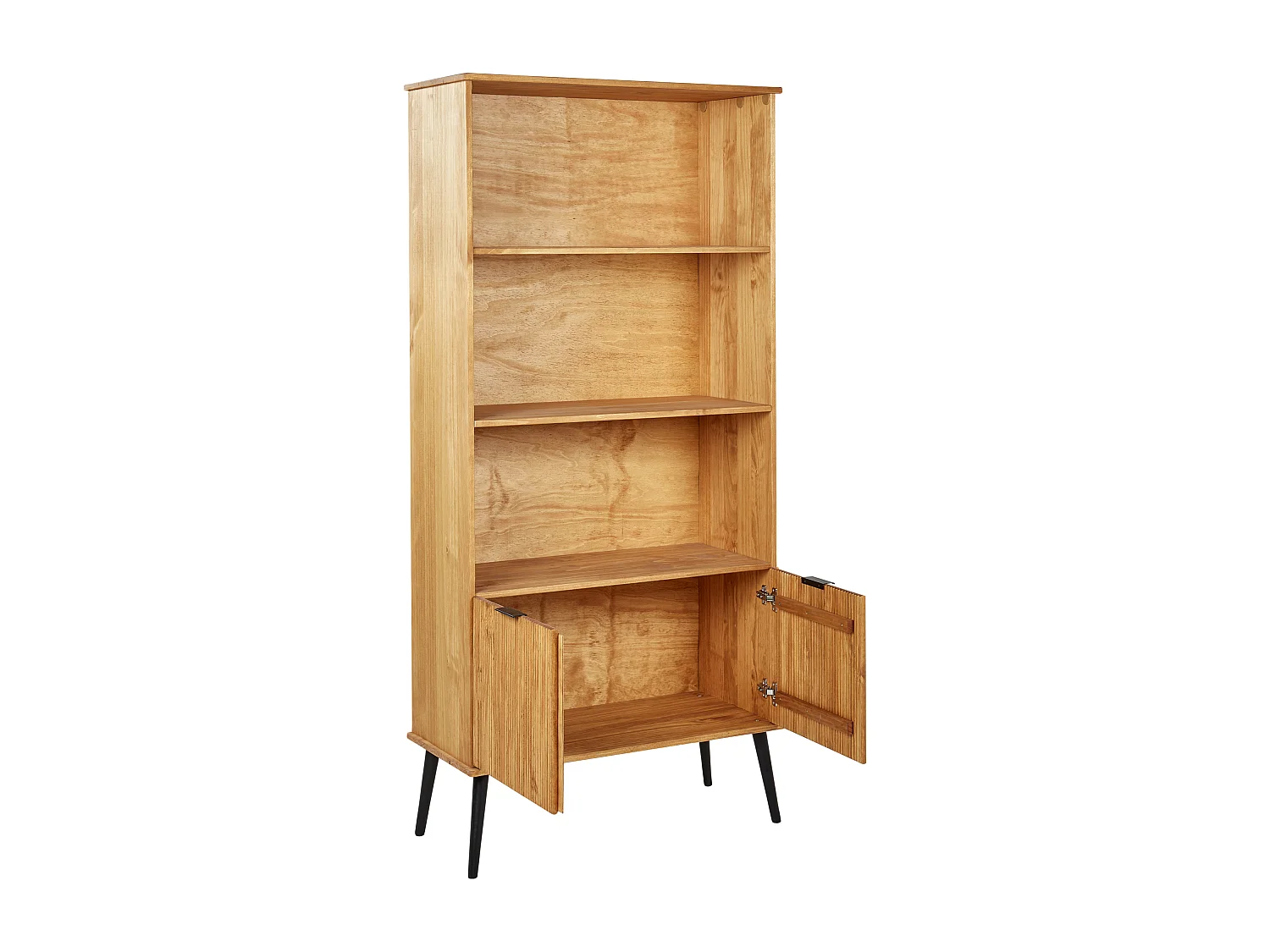 Bücherregal Kiefernholz heller Holzfarbton mit 2 geriffelten Türen Timmins