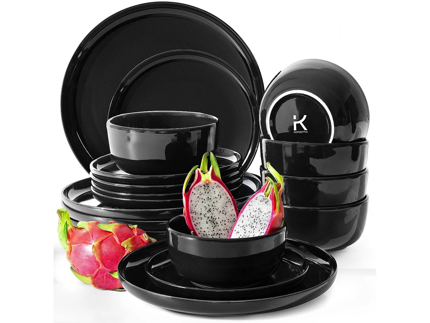 Service de table - Service vaisselle - avec Bol 18 pièce - Noir Brillant - VICTO