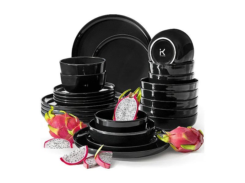 Service de table - Service vaisselle - 6 personnes 24 pièces - Noir Brillant - VICTO