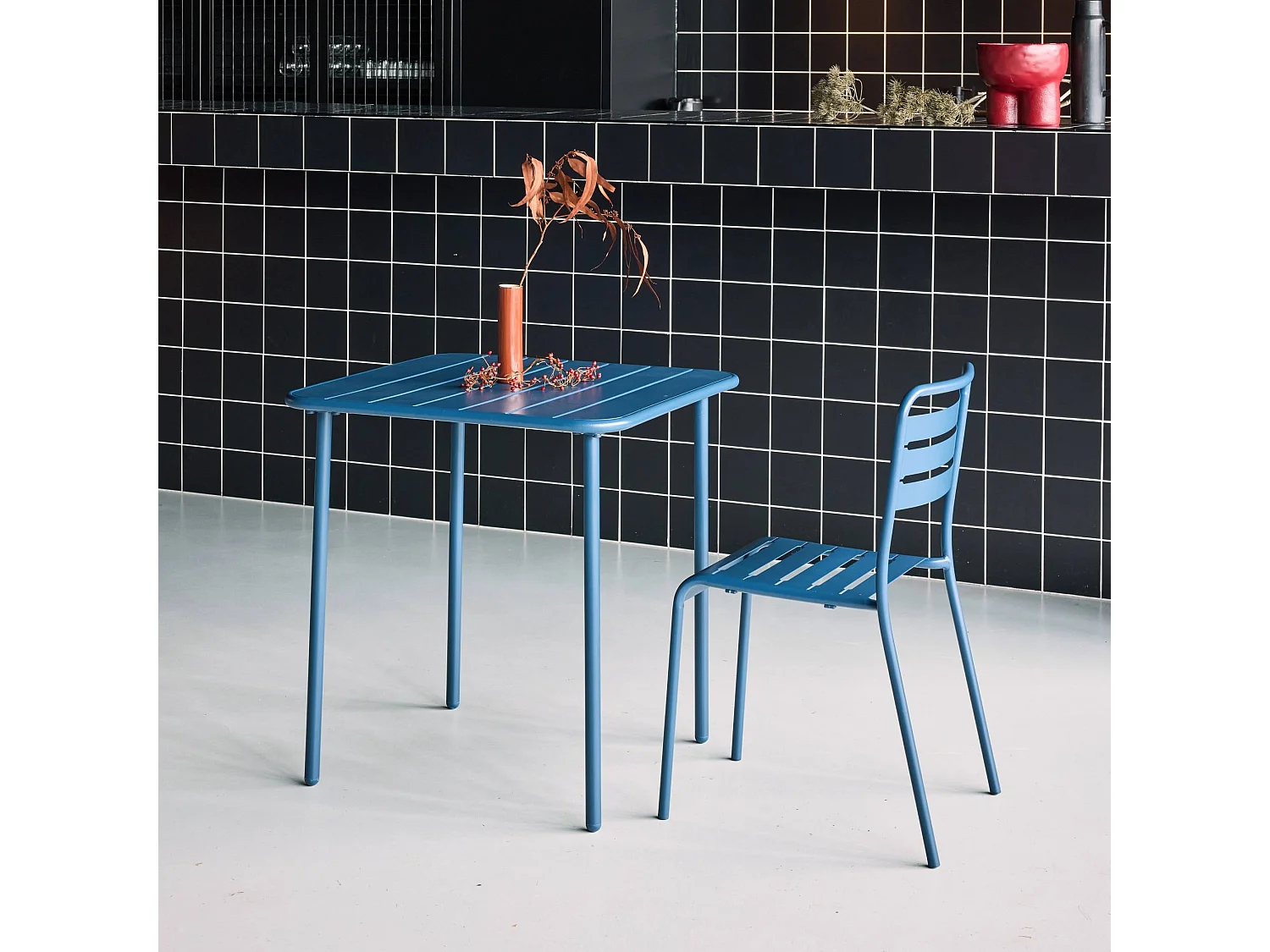 Tavolo da giardino in metallo 2 posti, 70cm, blu navy