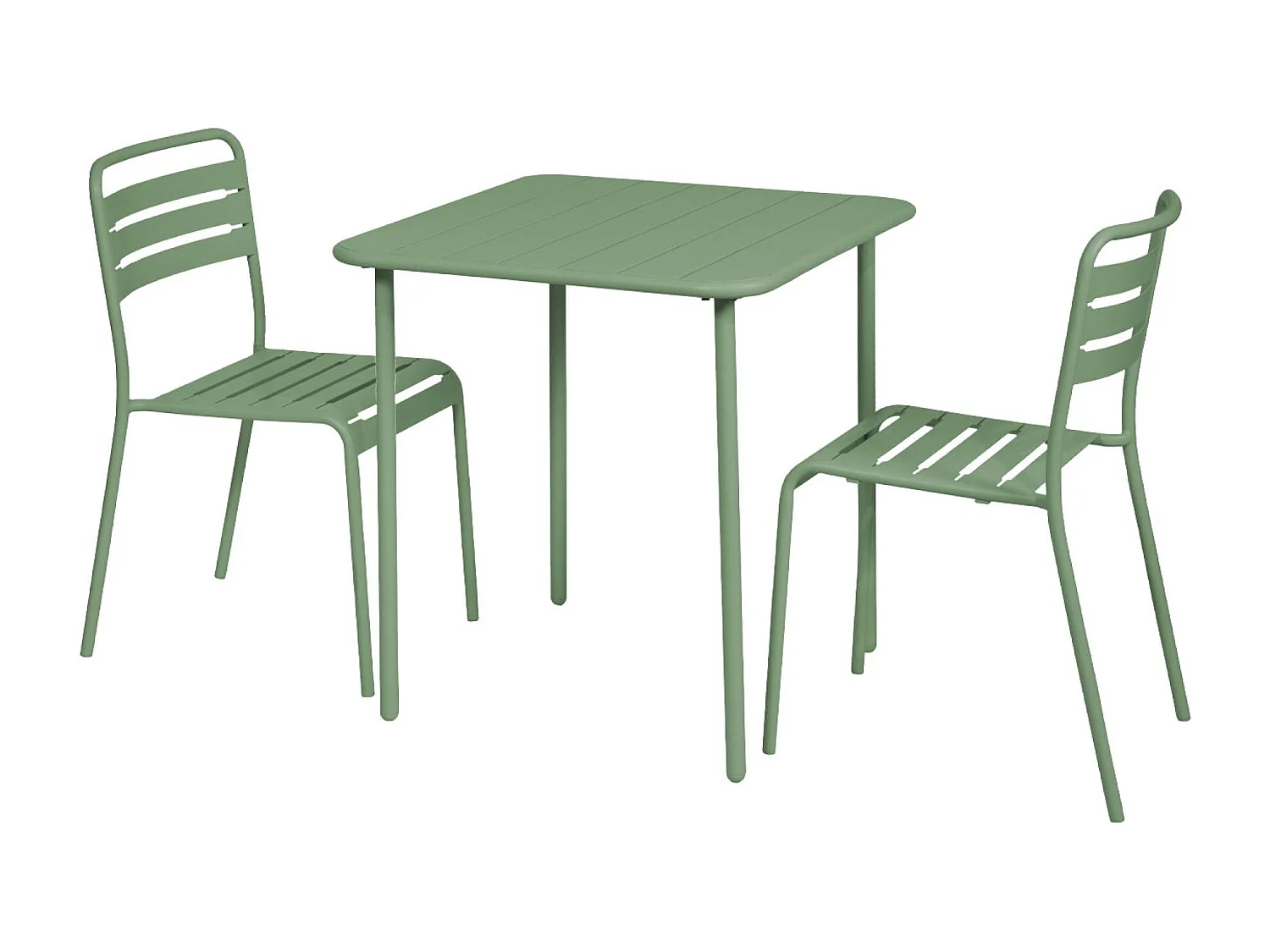 Table de jardin métal 2 places. vert. Amelia. 70x70cm. traitement antirouille. lattes et bords arrondis