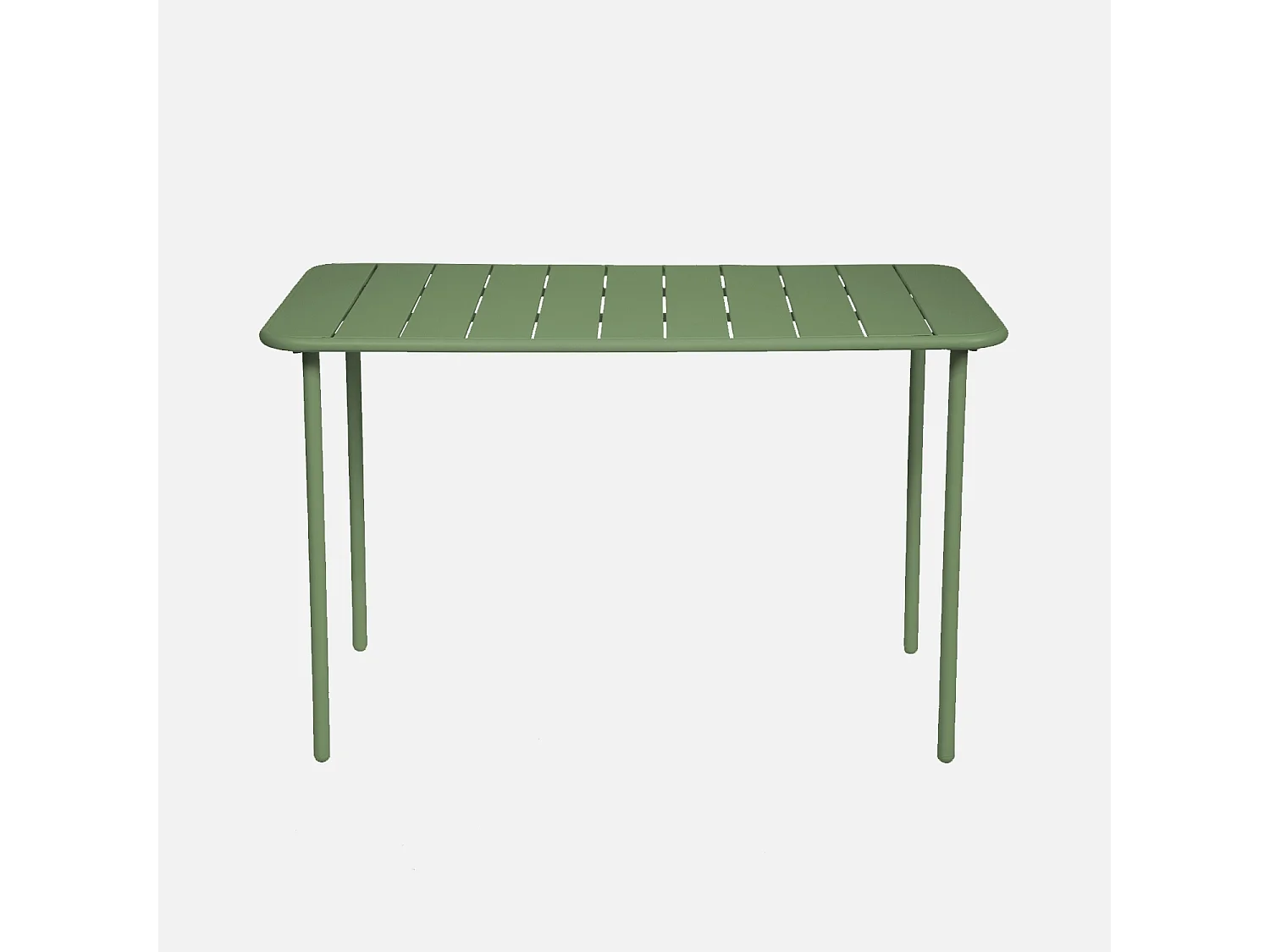 Table de jardin métal 4 places. vert. Amelia. 120x70cm. traitement antirouille. lattes et bords arrondis