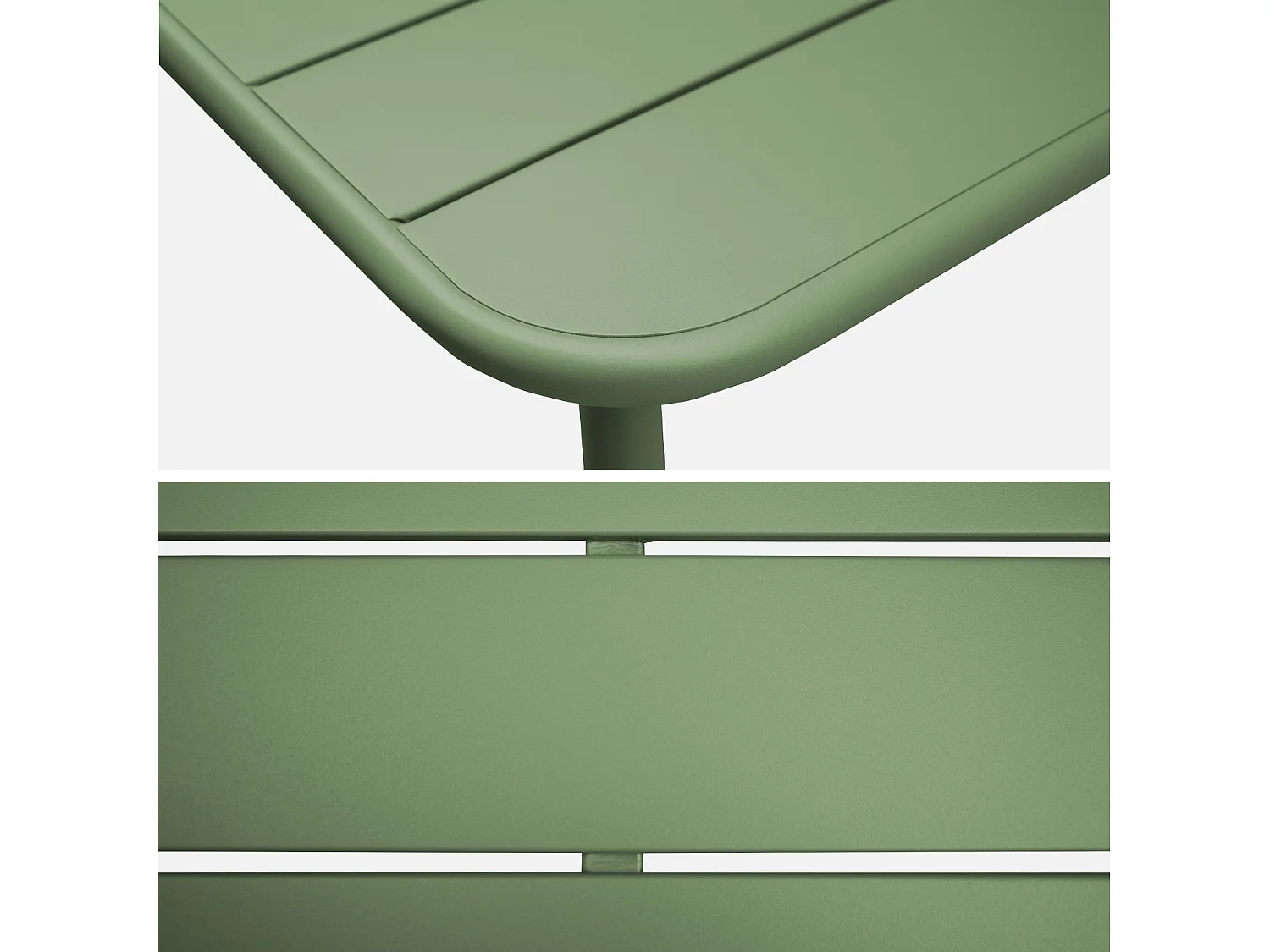Table de jardin métal 4 places. vert. Amelia. 120x70cm. traitement antirouille. lattes et bords arrondis