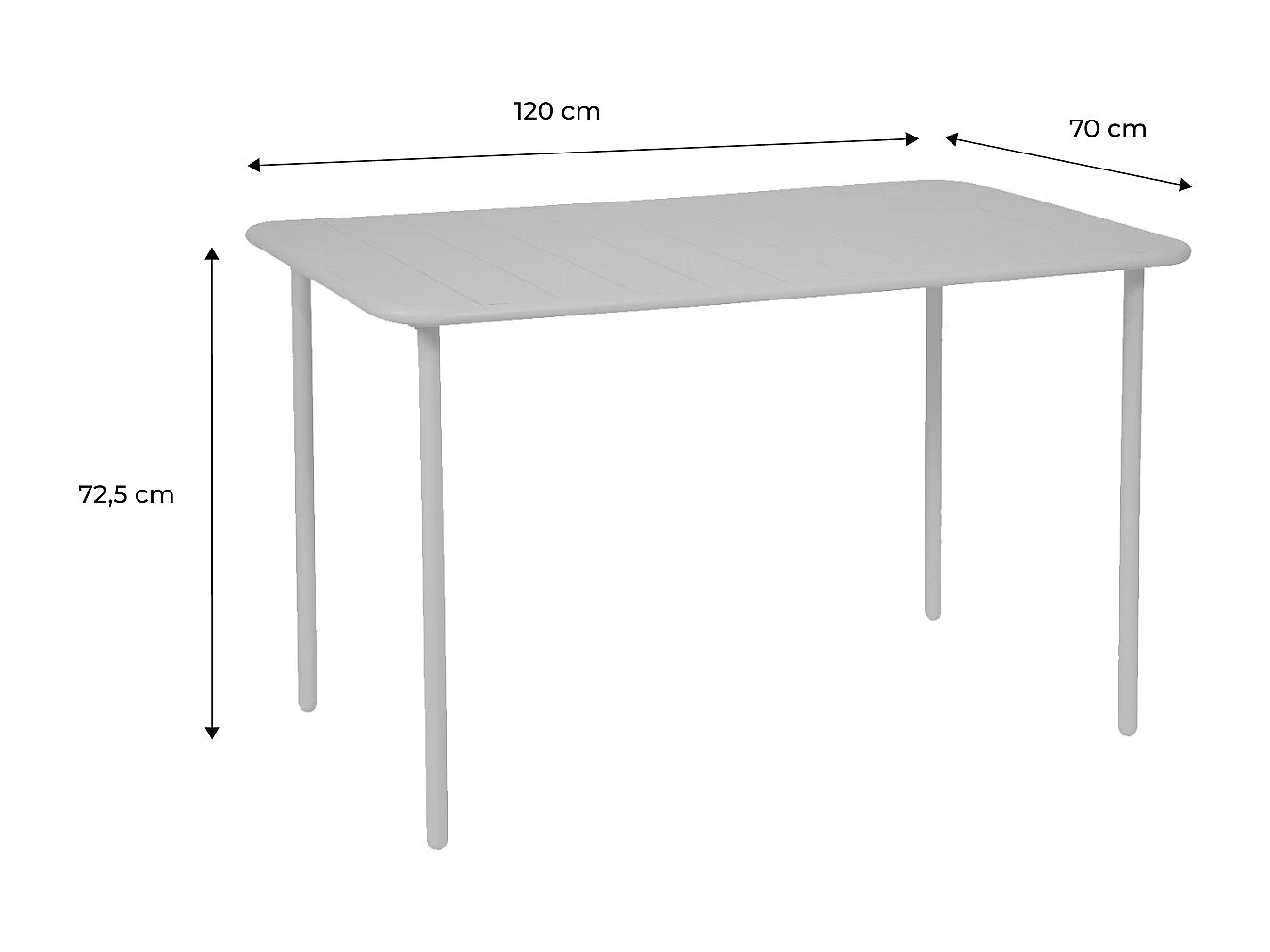 Table de jardin métal 4 places. vert. Amelia. 120x70cm. traitement antirouille. lattes et bords arrondis