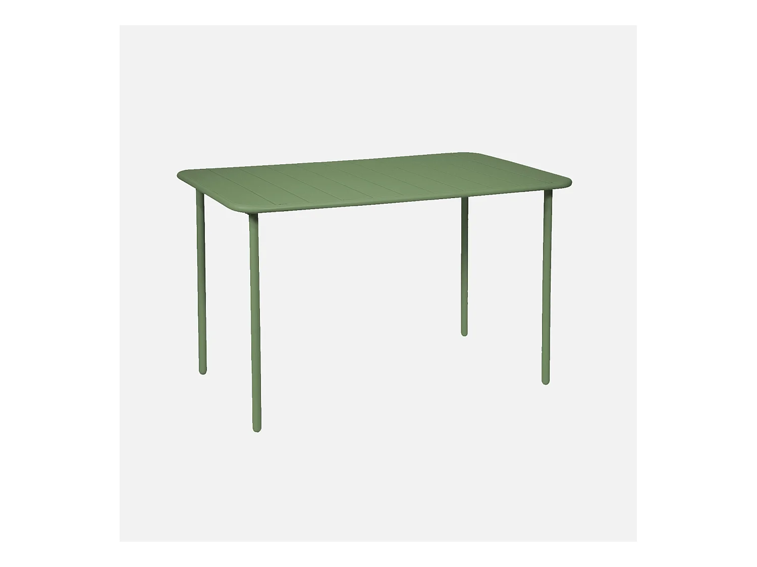 Table de jardin métal 4 places. vert. Amelia. 120x70cm. traitement antirouille. lattes et bords arrondis