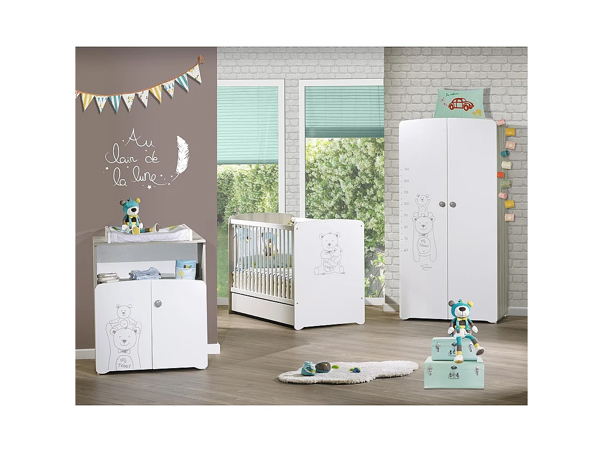 Commode à langer 2 portes 97x76x66cm en bois blanc TEDDY - BabyPrice
