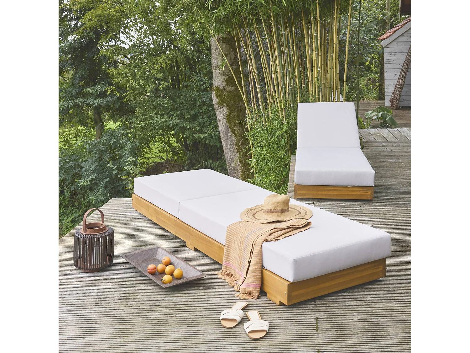 Set di 2 lettini prendisole in acacia e poliestere, 3 posizioni, beige