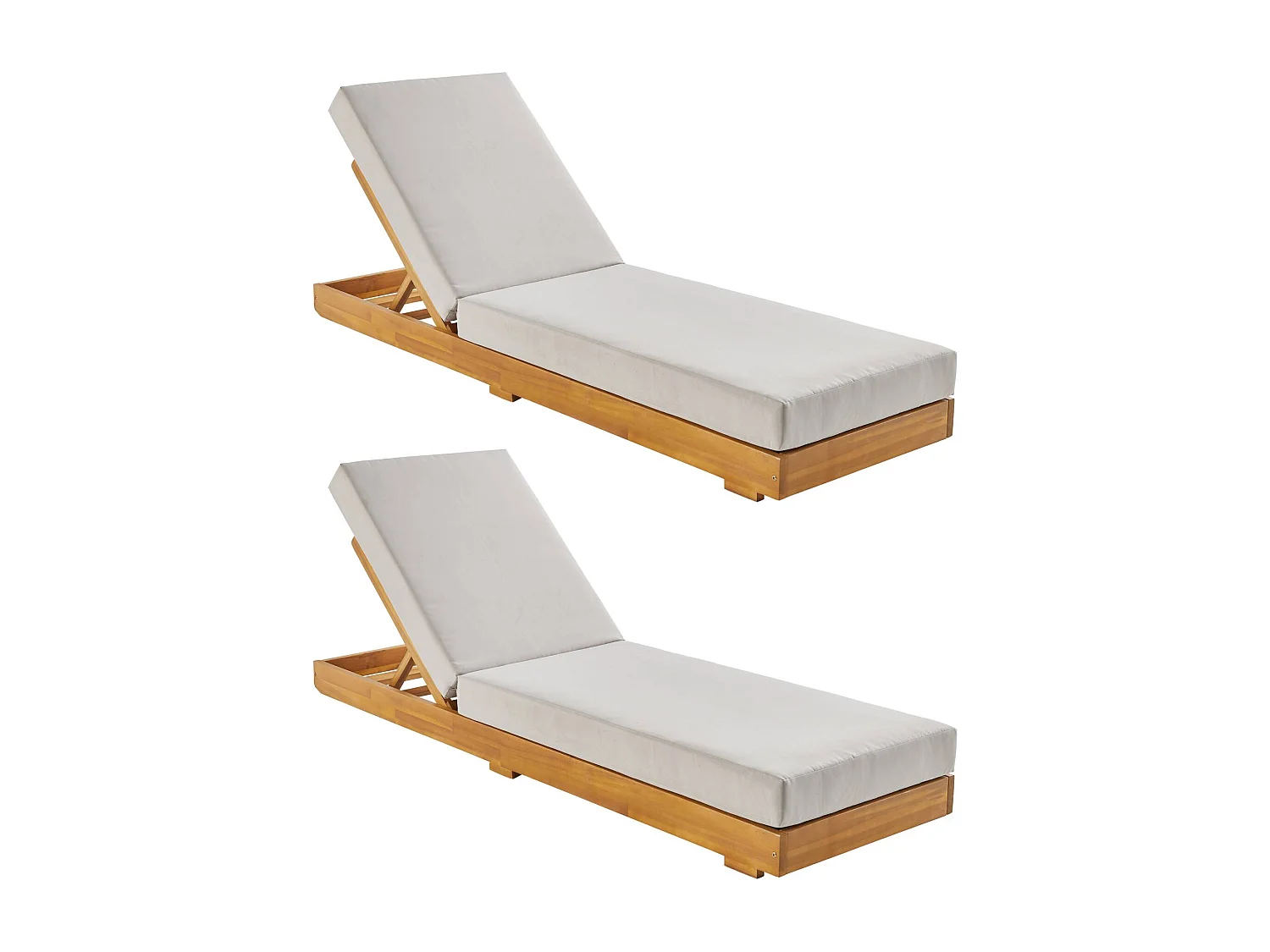 Lot de 2 bains de soleil beige DORINA en acacia et polyester. 3 positions. housse déhoussable. 198 x 62 x 12 cm