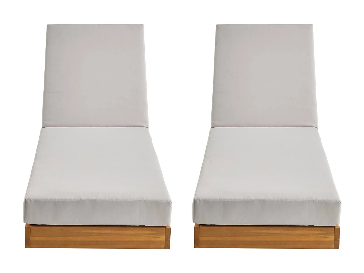 Lot de 2 bains de soleil beige DORINA en acacia et polyester. 3 positions. housse déhoussable. 198 x 62 x 12 cm