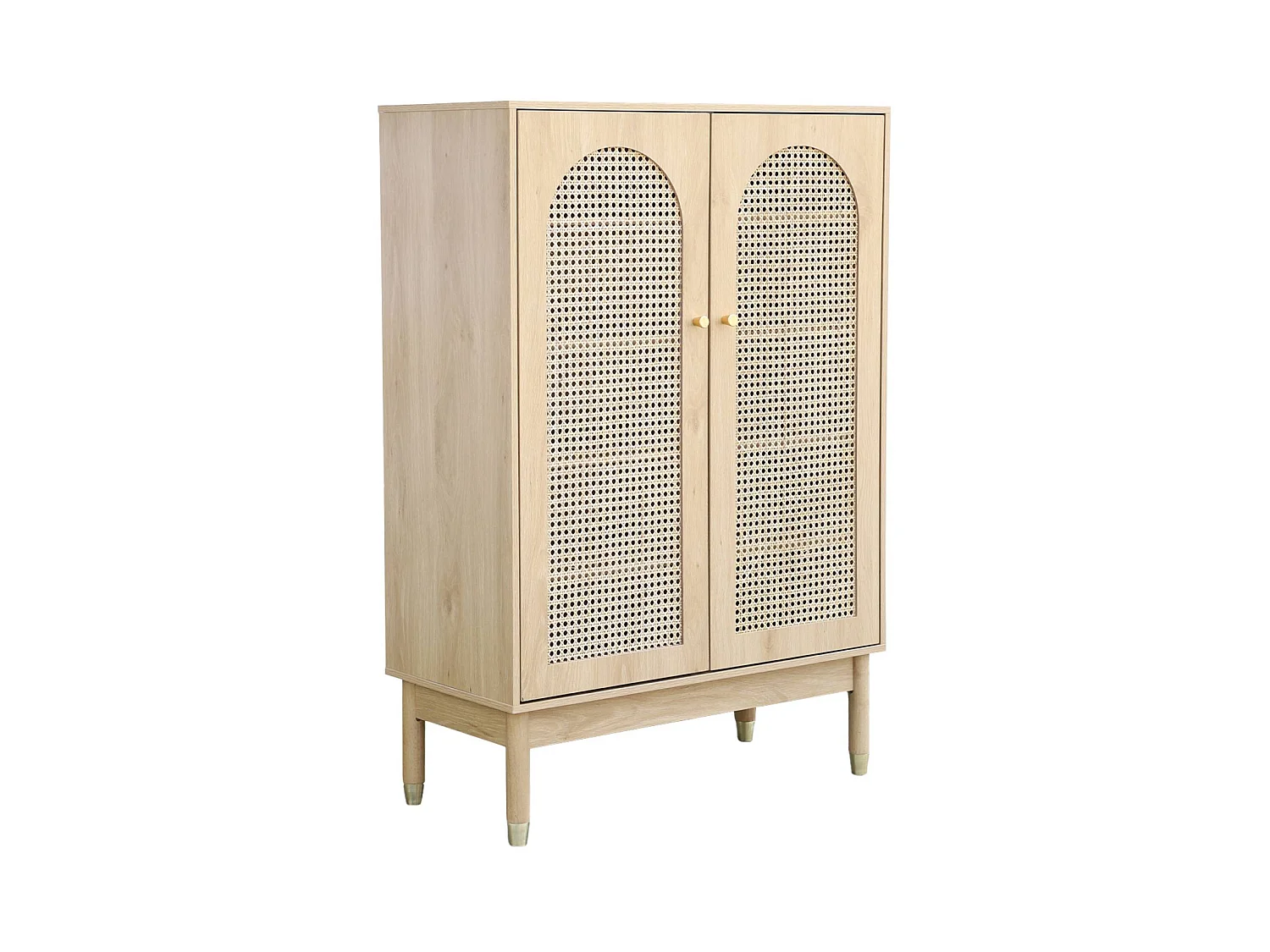 Meuble à chaussures / Petit buffet 2 portes cannage JUDITH. 20 paires de chaussures. 4 étagères. pieds en bois d'hévéa avec caps finition dorée.