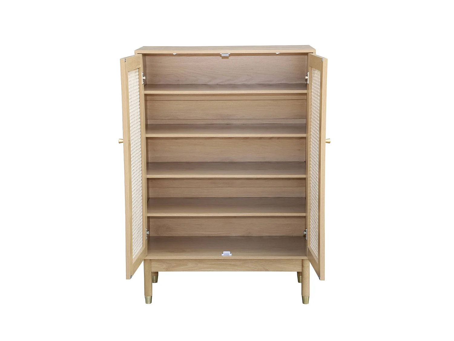 Meuble à chaussures / Petit buffet 2 portes cannage JUDITH. 20 paires de chaussures. 4 étagères. pieds en bois d'hévéa avec caps finition dorée.