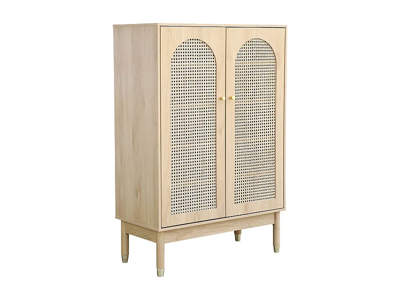 Meuble à chaussures / Petit buffet 2 portes cannage JUDITH. 20 paires de chaussures. 4 étagères. pieds en bois d'hévéa avec caps finition dorée.