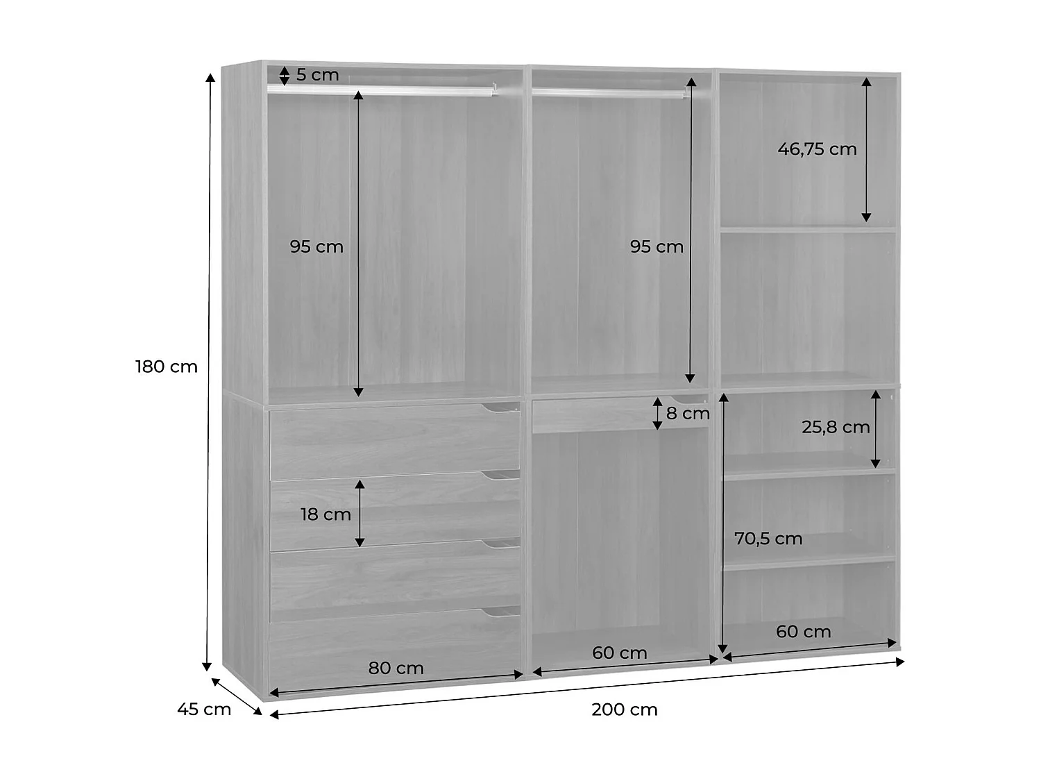 Armadio guardaroba modulare con 3 elementi, marrone