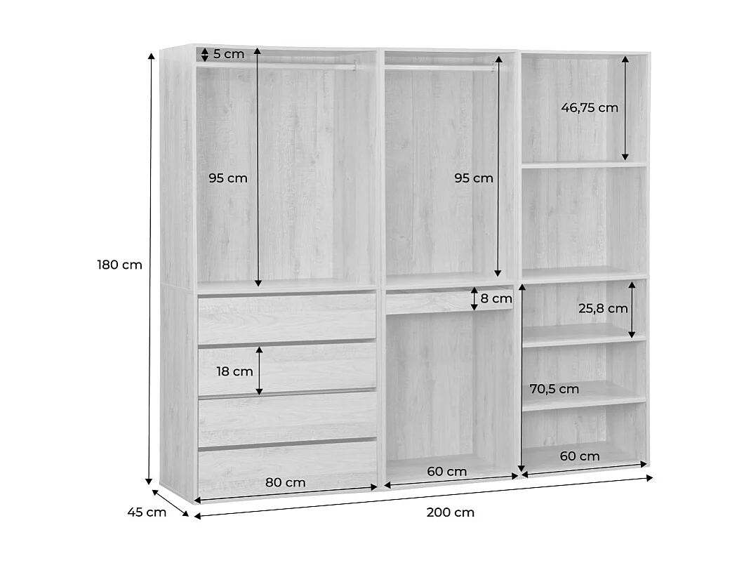 Kit guardaroba modulare decorazione legno 3 elementi, noce