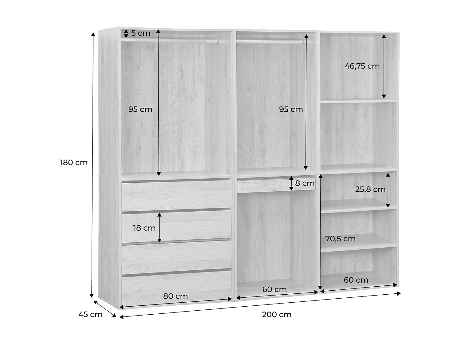 Kit guardaroba modulare decorazione legno 3 elementi, noce