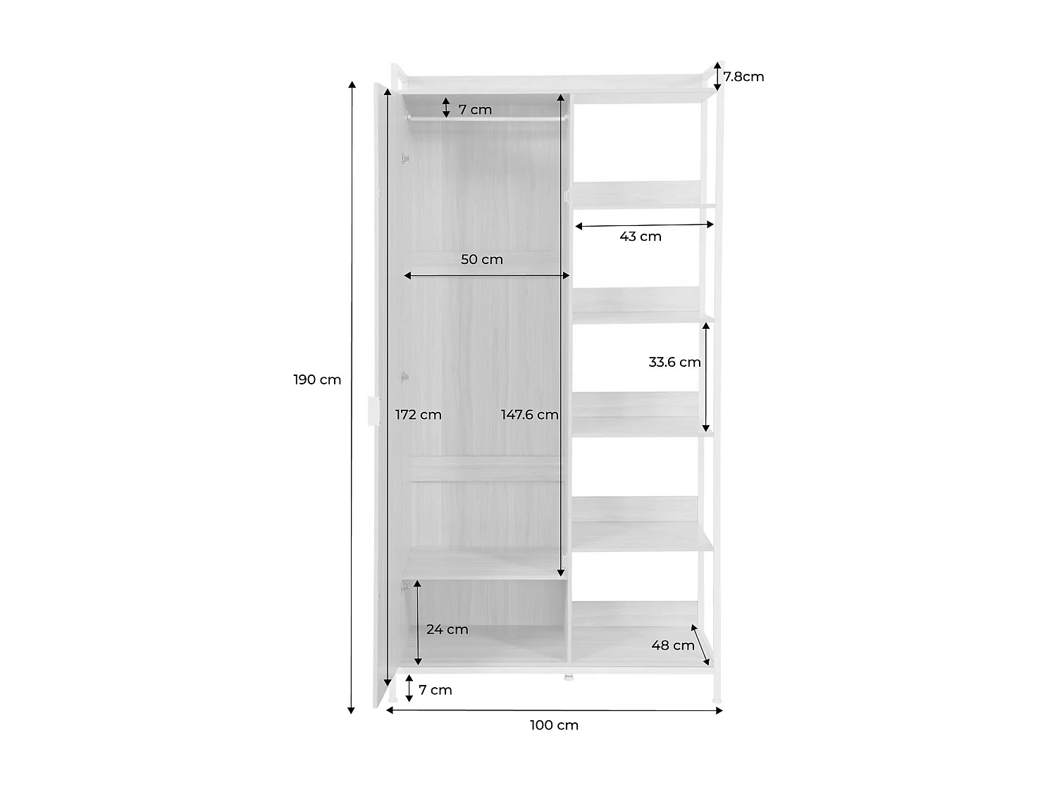 Module dressing noir avec 1 penderie. 6 étagères et 1 porte. L 100 x P 48 x H 190 cm