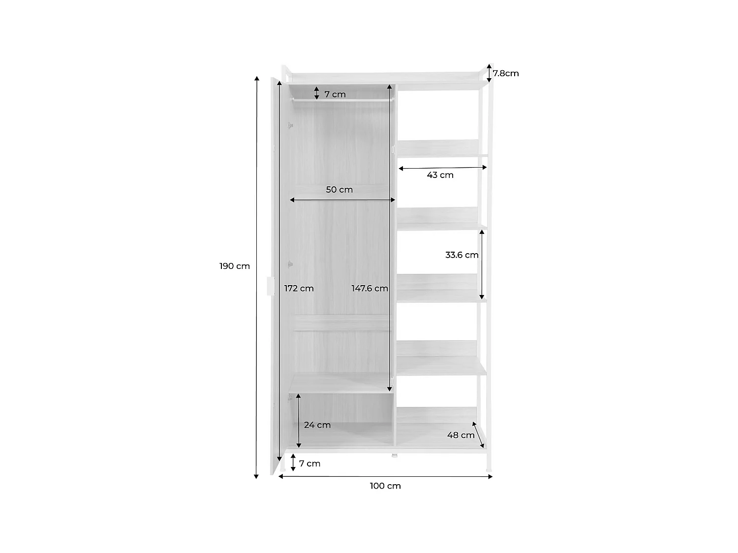 Module dressing noir avec 1 penderie. 6 étagères et 1 porte. L 100 x P 48 x H 190 cm