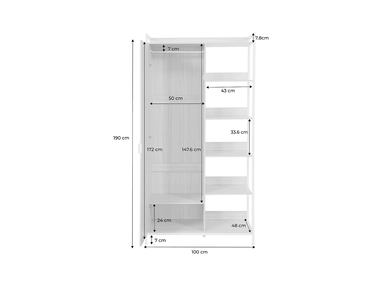 Module dressing noir avec 1 penderie. 6 étagères et 1 porte. L 100 x P 48 x H 190 cm