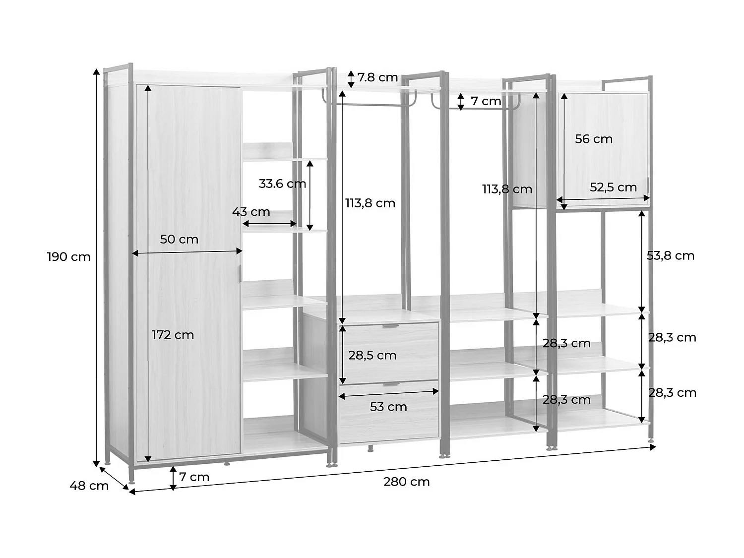 Kit dressing modulable blanc avec 4 éléments. L 280 x P 48 x H 190 cm